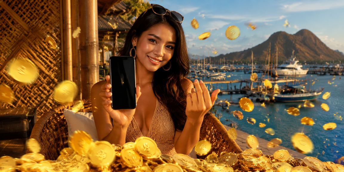 Model profesional memainkan casino di ponsel dengan tampilan cerah dan modern