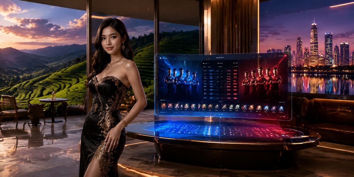 Model profesional melihat layar monitor dengan tampilan platform esports betting