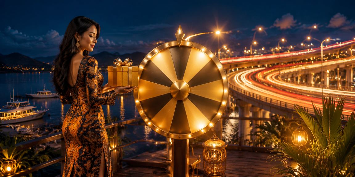 Model profesional berdiri di samping meja roulette casino yang elegan